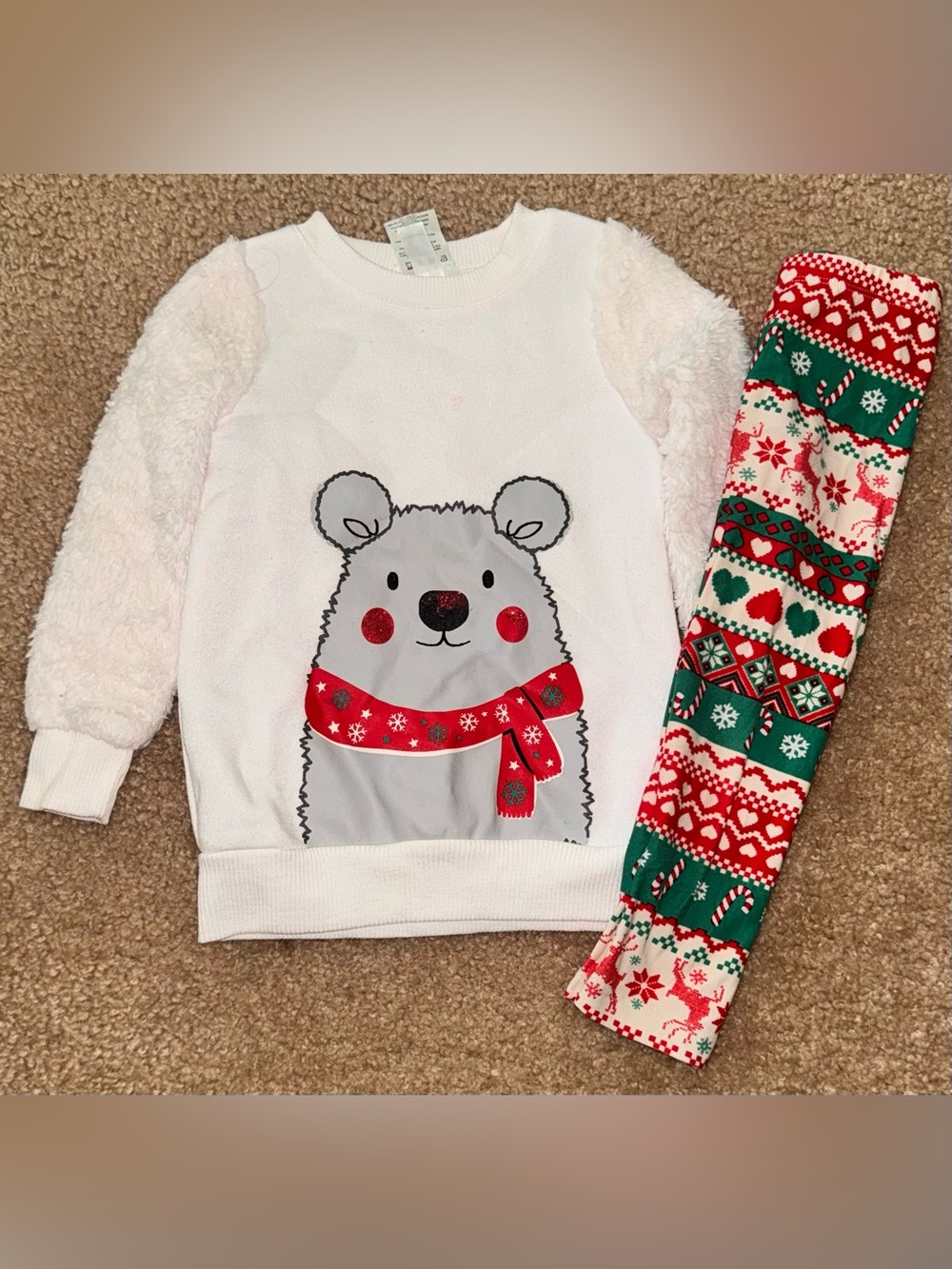 Kids White Polar Bear Pajama Set with Festive Leggings